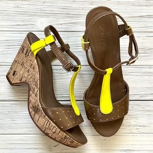 Sbicca California Neon Yellow Cork Wedge Heels 6